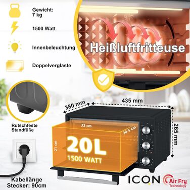 Міні-піч ICQN 20L з конвекцією, грилем та таймером, 1500W, IQ M2051R02N