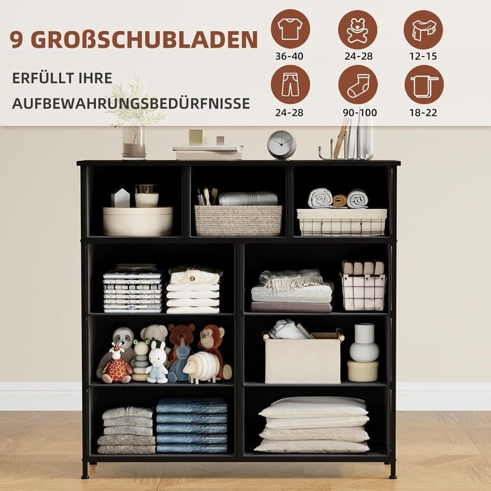 Комод Somdot з висувними ящиками, тканинний комод, комод для спальні, вітальні, передпокою, шафа для зберігання, 5 тканинних ящиків, білий колір (чорний, 30T x 100B x 96.5H см (9 ящиків))