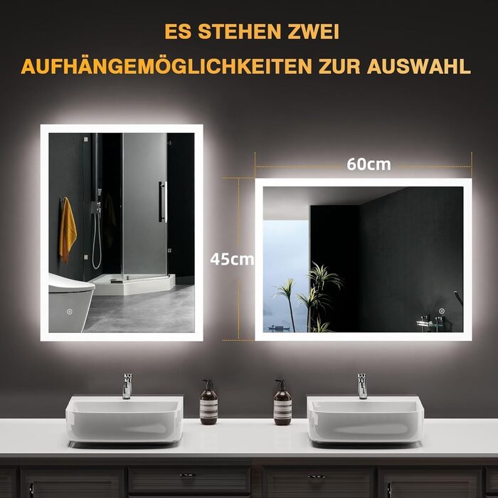 LED дзеркало для ванної кімнати 80x60 см з підсвічуванням, 3 кольори світла, регулювання яскравості, антизапарник, сенсорне керування, пам'ять, IP44, вологостійке, 6500K