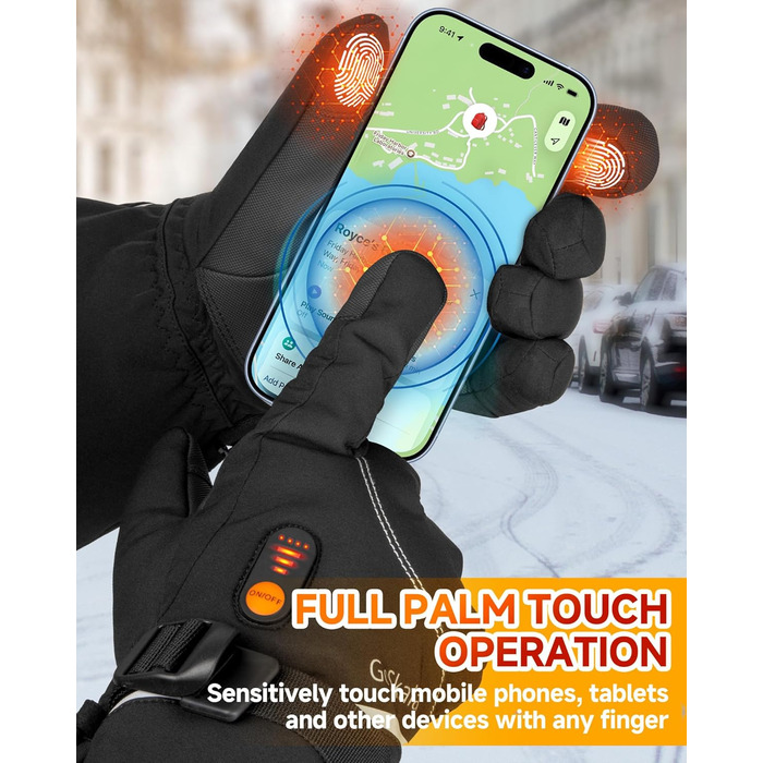 GoSkala Електричні гріючі рукавички для чоловіків, з акумулятором 7.4V 6000Ah, 3 режими нагріву, сенсорний екран, водонепроникні, з функцією Quick Dry, для катання на лижах, зимові рукавички (L, Чорний)