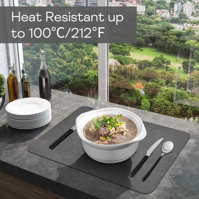 Набір підставок під тарілки 6 шт, неслизькі, миючіся, з штучної шкіри, 40 x 30 см (сірий/чорний)