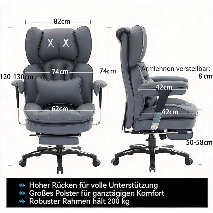 Офісне крісло Efomao X-Stickerei для дому та офісу, шкіряне (PU) для великих та високих, з регульованою спинкою, підставкою для ніг та підтримкою попереку, чорне, до 200 кг