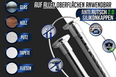 Штанга для душу без свердління 160-210 см, Ø 32 мм, з кріпленнями - штанга для завіси для вікон, перегородок та кухні (160-210 см, нержавіюча сталь срібна)