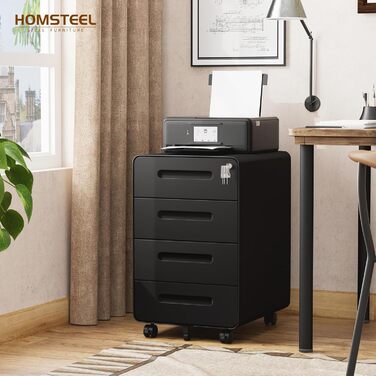 Роликовий контейнер HOMSTEEL з замком, 4 шухляди, металевий офісний шафка, чорний (46T x 40B x 64H cm)