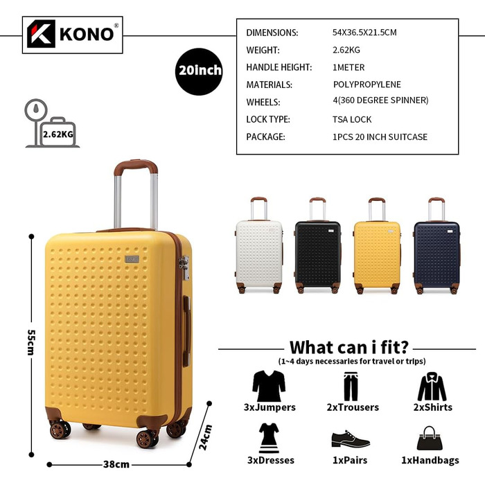 Валіза-тележка KONO з жорстким корпусом, 76x50x31 см, білий (жовтий, S 57x40 см)