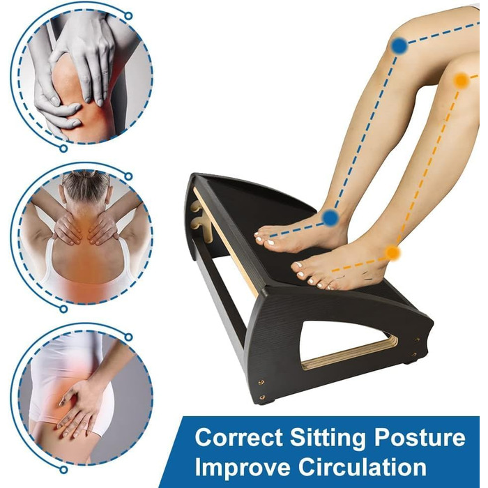 Підставка під ноги StrongTek для столу, дерево, для роботи, 3 положення висоти, ергономічна, антиковзаюча, покращує поставу та кровообіг, до 181 кг, чорна