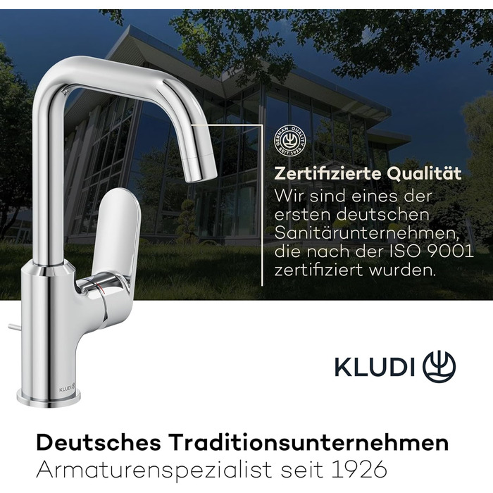 Змішувач для умивальника KLUDI-X1 з витяжною системою, поворотний на 360°, висота виливу 205 мм, водозберігаючий, розмір L, з підключенням, хром, з комплектом для зливу, хром