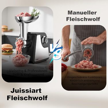 Електрична м'ясоподрібнювач Fleischwolf Juissiart: подрібнювач, фарш, ковбасний насадка, нержавіюча сталь, 3 диски, для кеббе, універсальний