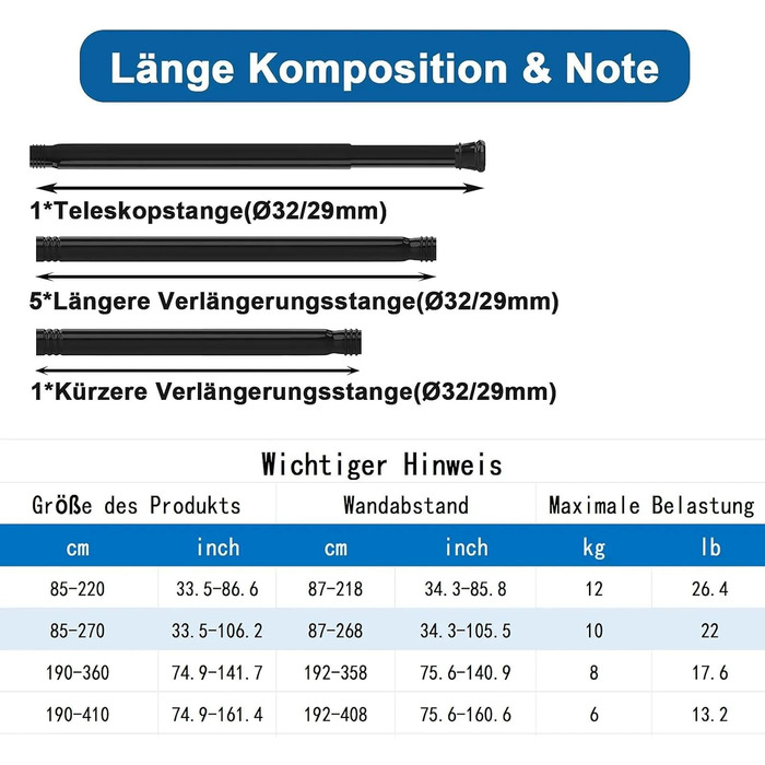 Штанга для душу без свердління, телескопічна, висувна, 85-270 см, діаметр 32 мм, для ванної кімнати/спальні, срібна