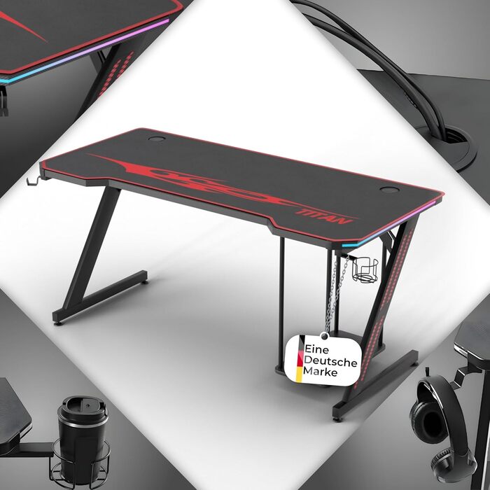 Ігровий стіл MY SIT Titan 140 см з підсвічуванням LED, тримачем для навушників, тримачем для ПК та напоїв, кабельною організацією, чорний