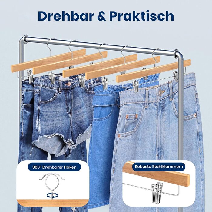 Дерев'яні вішалки для штанів SereneLife з кліпсами (20 шт.), 35,6 x 1,3 x 17 см