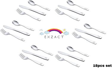 Дитячий набір столових приборів EXZACT Kinderbesteck 18 предметів з нержавіючої сталі - для дітей від 2 років - безпечні ножі, миючі в посудомийній машині, з гравіюванням (динозаври)