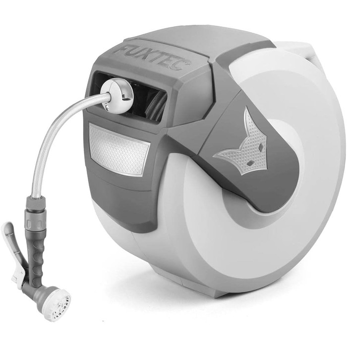 Автоматичний шланг для саду Fuxtec FX-WSA30 – 30 м, ½ дюйма, з роликом для стіни, з пістолетом та з'єднувачами, поворотний на 180° (65x29x46 см)