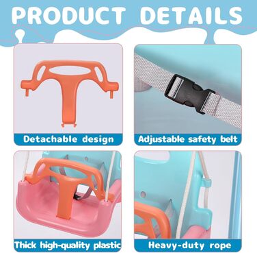 Дитяча гойдалка-шезлонґ 3-в-1 для дому та вулиці з металевим каркасом, рожева. Підходить для дітей від 6 місяців до 10 років