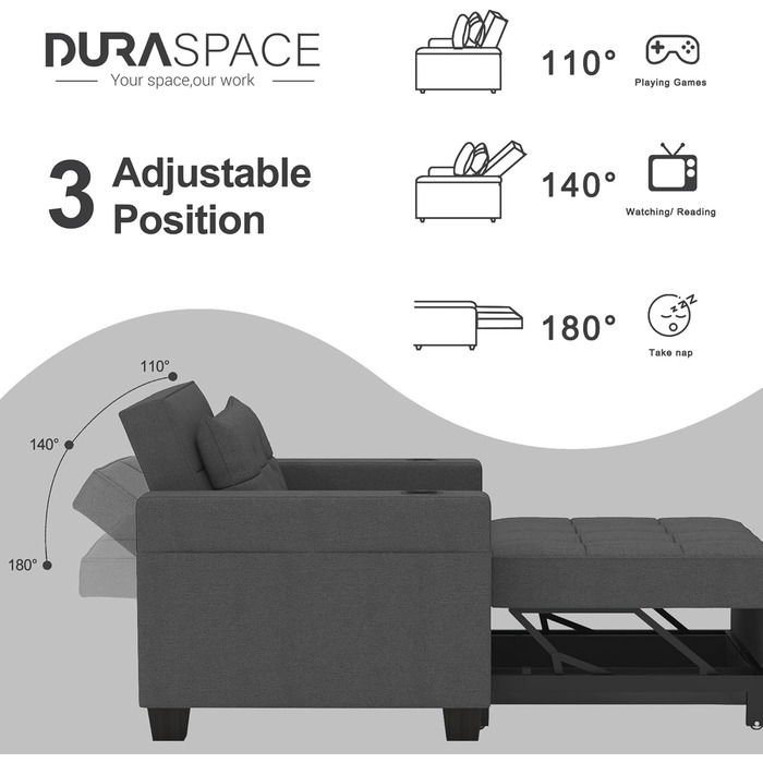 Розкладне крісло-ліжко DURASPACE 99 см, 3-в-1, темно-сіре, з USB, кишенею та підстаканником для малих кімнат