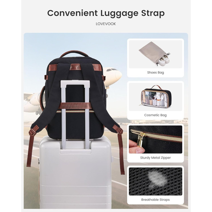 LOVEVOOK Рюкзак для ручної поклажі, 40L, чорний: для ноутбука 17.3