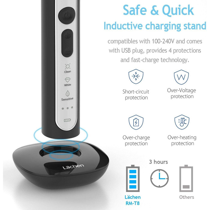 Електрична зубна щітка Lächen Sonic з 4 насадками, таймером, 3 режимами та 3 рівнями вібрації, у валізі (чорний)