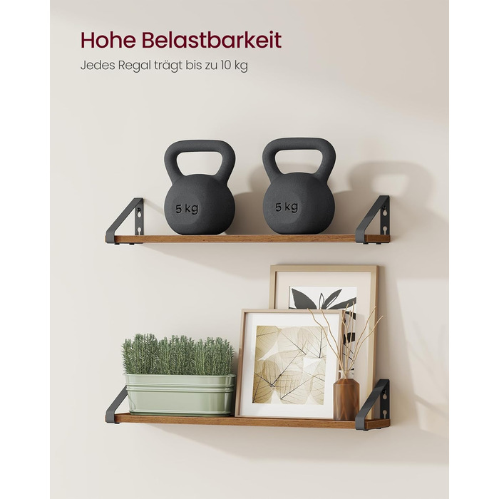 Настінна полиця VASAGLE, 6 штук в наборі, полиці-дошки, 2 способи монтажу, 30/35/40 см, для вітальні, кухні, кабінету, ванної кімнати, вінтажний коричневий + матовий чорний, LWS033K02