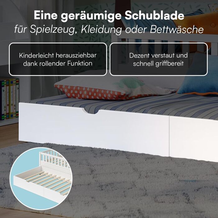 Ліжко дитяче Bellabino Vils 90x200 см – ліжко для малюків з бортиками, ламелі, Монтессорі, з масиву сосни, біле, для хлопчиків та дівчаток, з місцем для зберігання, з гостьовим ліжком, з матрацом