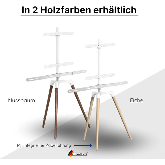 Підставка для телевізора Schwaiger 658200: дерев'яна стійка-монопод для телевізорів до 65 дюймів, до 35 кг, з кріпленням для саундбару, білий/бук, справжнє дерево, преміум-якість