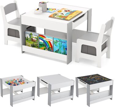 Дитячий стіл LIFEZEAL 3 в 1 з 2 стільцями: стіл для малювання, активностей та обідній стіл. Дитяча меблева група з дерева з місцем для зберігання (сірий)