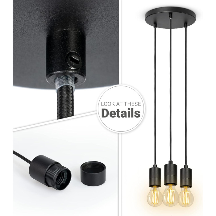 Стельовий світильник Підвісний світильник Сумісний з абажуром Підвісна лампа E27 Текстильний кабель можна вкоротити Розетка 3-полум'яна кругла чорна 3-полум'я чорна 3-полум'я (кругла)
