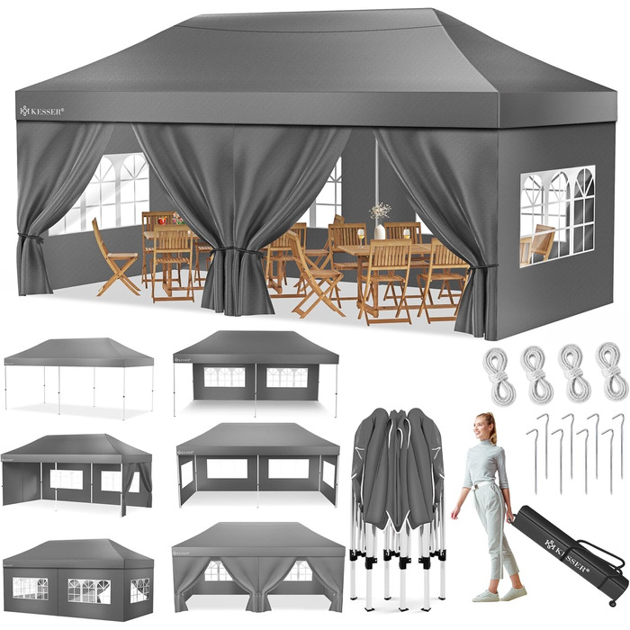 Павільйон KESSER® 6x3м з 6 знімними стінками, для саду, регульована висота, водовідштовхувальний, з сумкою, анкери, Pop-Up система, захист від UV 50+, для вечірок, антрацитовий колір