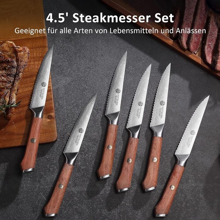 Набір кухонних ножів YOTSUBA Profi з дерев'яним блоком та точилкою, ножиці, набір кухонних ножів з нержавіючої сталі, набір кухонних ножів для кухні (ніж для стейка - 6 шт)