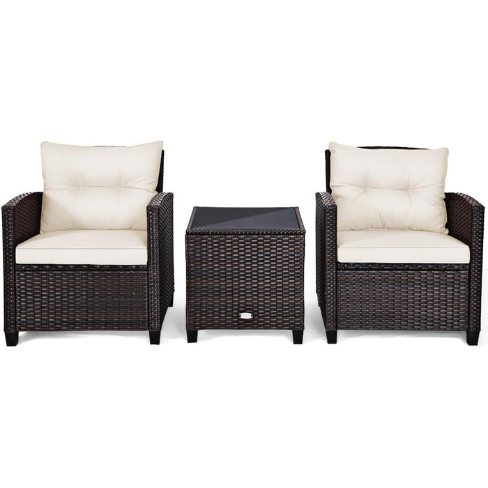 Набір садових меблів LIFEZEAL 3 предмети: 2 крісла та стіл з ротангу PE, скляна стільниця, подушки для тераси, балкона, саду (Коричневий з чорним)