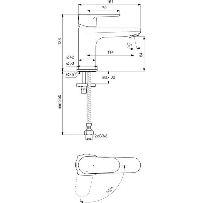 Змішувач для умивальника Ideal Standard Cerafine O без зливного переходу, H80мм, Bluestart, срібний