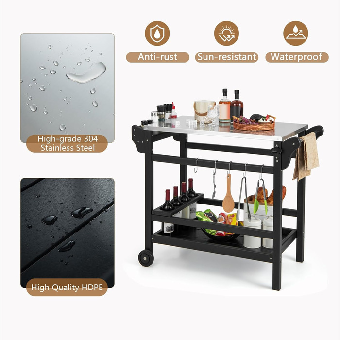 Гриль-візок Komfotteu з нержавіючою сталею, столиця для гриля, візок для сервірування з полицями для спецій, вина та гачками, для зони відпочинку