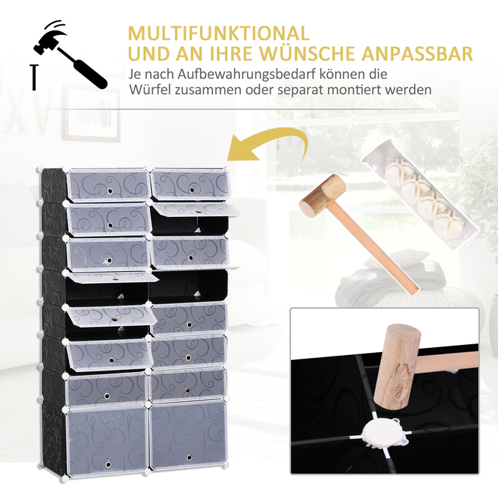 HOMCOM DIY Шафа для взуття Модульна полиця для взуття Вішалка для одягу, 16 відділень, PP, чорний + білий, 95 x 37 x 160 см
