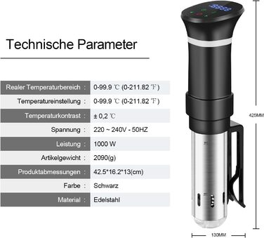 Су-від кухонний прилад з нержавіючої сталі, су-від стик, повільна варка з LED дисплеєм, 1000W, точне регулювання температури та таймер, з кулінарною книгою, сірий