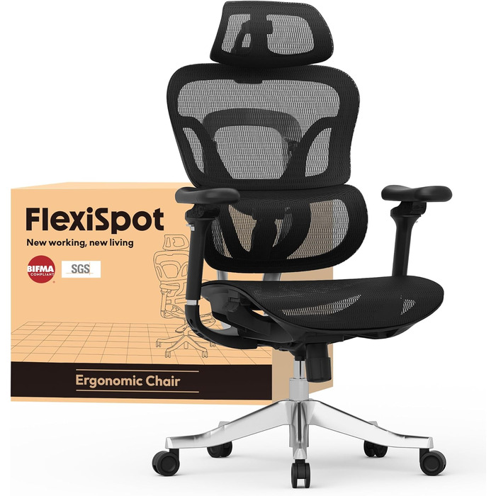 Офісний стіл ErgoX FLEXISPOT: ергономічний крісло з 3D підлокітниками, 3D-підголівником, 5D-регулюванням спинки, дихаючим сидінням, до 130 кг (Чорний)