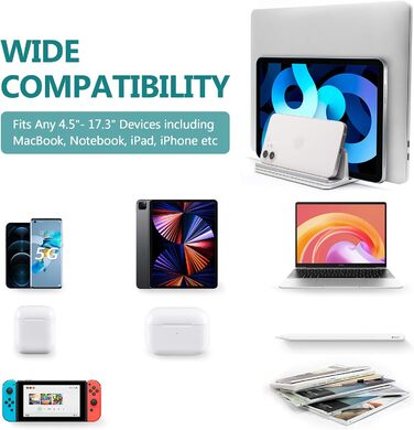 Вертикальна підставка для ноутбука Metal з 4 слотами, регульована, для MacBook, HP, Chromebook (до 44.5 см) – срібна