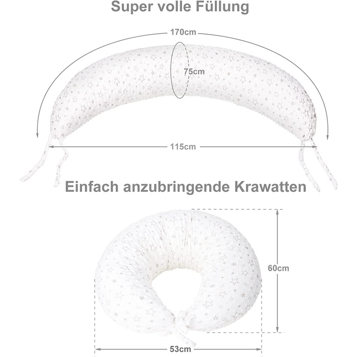 Подушка для вагітних і годування DancesCat XXL 170 см біла з зірочками