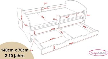 Дитяче ліжко Happy Babies із захистом від падіння з висоти Ліжко для дитячої кімнати 140x70 з матрацом Односпальне ліжко Діти Хлопчики Дівчатка Біле Дерево Коричневе (Venge)