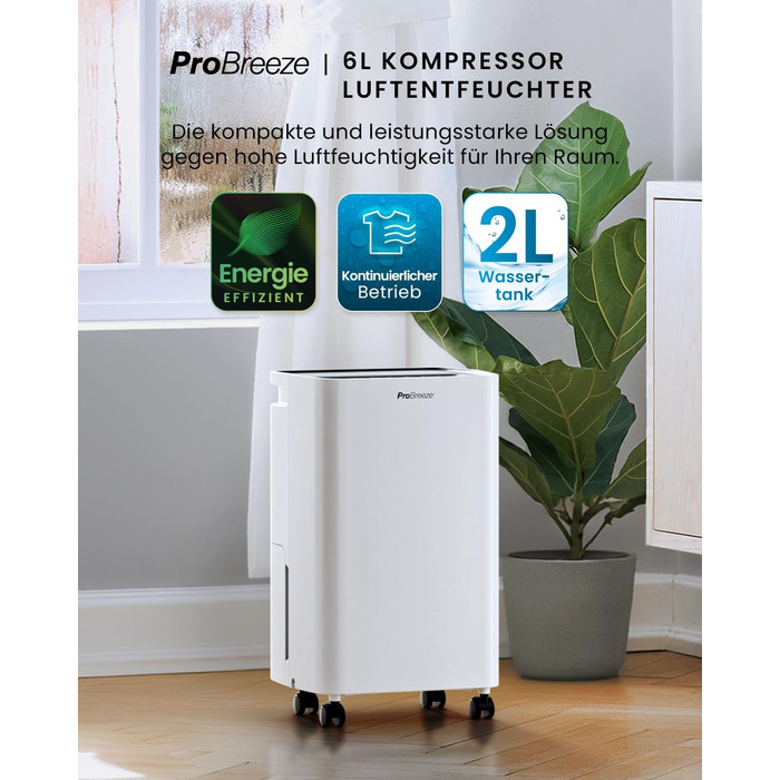 Електричний осушувач повітря Pro Breeze 20L - для дому, від вологи та цвілі, з функцією прання, таймером, фільтром, смарт-додаток, до 35 м²