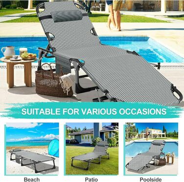 Розкладне ліжко-шезлонг для відпочинку з матрацом, 200 кг, з кишенями та регульованою спинкою, для саду, офісу (блакитний)