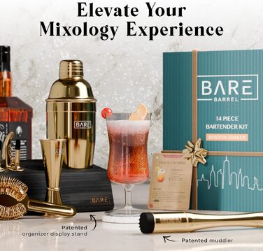 Набір для бармена BARE BARREL® з 14 предметів | Набір шейкерів для коктейлів | Професійний барний інвентар для дому | 35 рецептів + подарунковий набір | Золотий шейкер Cobbler 24oz