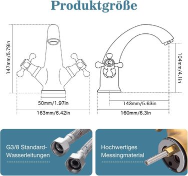 Змішувач для ванної кімнати з міді, ретро стиль, 2-вентильний, G3/8, для мийки, антична мідь