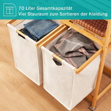 Кошик для білизни YOUDENOVA з бамбукового каркасу, 2 відділення, 2 висувні мішки для білизни, 93x64x33 см, слонова кістка, 70 л