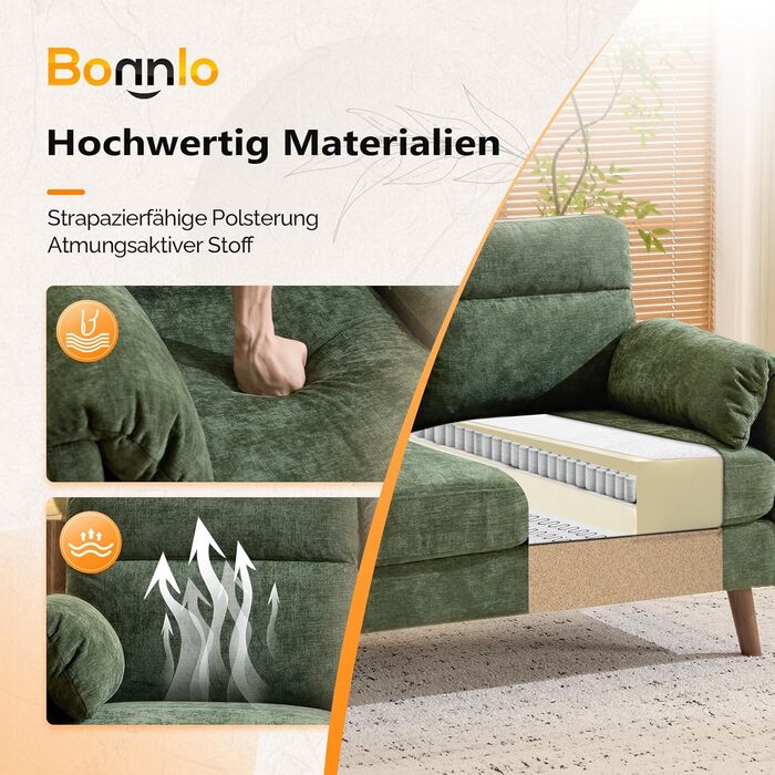 Диван Bonnlo 2-місний, компактний, 125 см, тканинний диван з м'якими підлокітниками, для офісу, вітальні, спальні, кабінету, легка збірка, льон, зелений