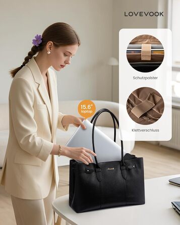 LOVEVOOK Сумка для ноутбука 15.6 дюймів, жіноча, велика, водонепроникна, шкіряна, для роботи, навчання, офісу, універсальна, чорна