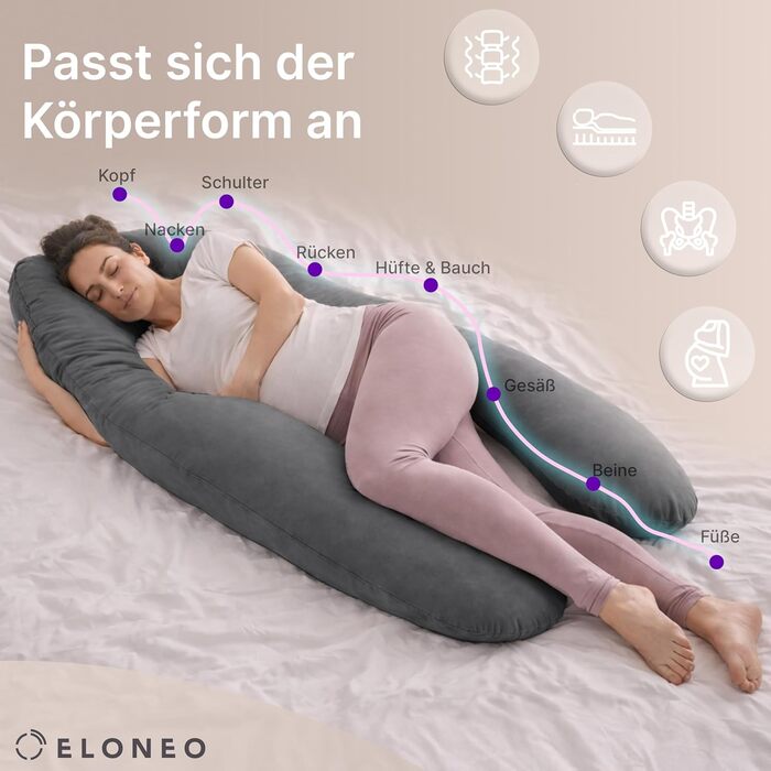 Подушка для вагітних ELONEO NEU для сну на боці, подушка для годування, XXL, антрацит. Комфортна подушка для вагітності, читання, пральна