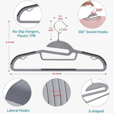 Плечики для одягу з пластику, 50 шт. з неслизьким покриттям, для сорочок та краваток, обертаються на 360°, сірий + сріблястий, APY0450G