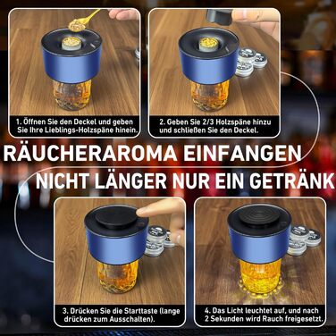 Електричний набір для копчення віскі з 6 дерев'яними чіпсами, перезаряджуваний, з вбудованим запальничкою, без бутану, ідея подарунка для чоловіків, батька, чоловіка або друга, з LED-підсвічуванням (блакитний)