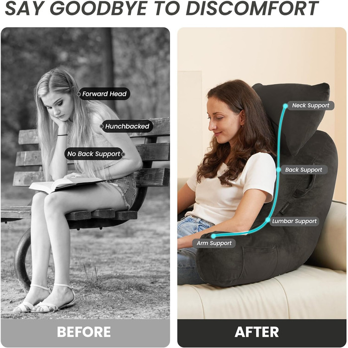 Підлогове крісло для читання з підголівником (Oeko-Tex), м'яке спинне крісло з підлокітниками та кишенями для дорослих, зручне ліжко-крісло з Memory Foam для гуртожитку (Сірий, Преміум Великий)