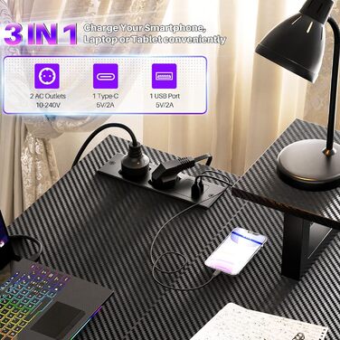 Кутовий ігровий стіл з LED-підсвічуванням та розетками, комп'ютерний стіл з полицями, обертовий кутовий стіл з підставкою для монітора, 120 x 70 см, ДСП, колір: сіра береза (карбон, чорний)