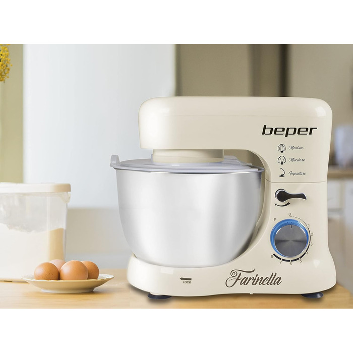Міксер планетарний BEPER BP.200, 1000 Вт, 4.5 л, нержавіюча сталь, для замішування, подрібнення, приготування тіста, кремового кольору